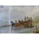 Watercolour of a stagecoach with a girl and dog to foreground unsigned framed L: 36 cms x W: 27 cms