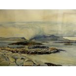 Watercolour of The Isles of Eigg and Rhum signed by George Downs, 50 x 35cm