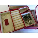 Red leatherette jewellery box and contents including crystal beads, sewing collectables etc