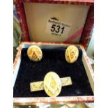 Pair of Masonic cufflinks and matching tie pin ~ Box states genuine ivory