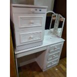 Painted kneehole desk with three drawers, matching bedside cabinet and dressing table mirror