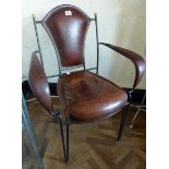 Metal framed brown leather upholstered chair