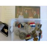 Box of medallions including commemmoratives, badges, stamps etc