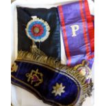 Manchester Unity of Odd Fellows ceremonial velvet and brocaid padded neck piece, sash and rosette