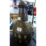 Large metal flagon with lid and brass applied detail H: 40 cms
