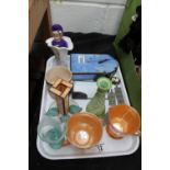 Quartz stained glass Tiffany style clock A/F and a candlestick etc