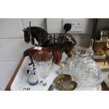 Two Shire horse figures, Danish ceramic figurine and Northwich Parish Church glass