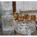 Crystal three footed fruit bowl and a crystal whisky decanter