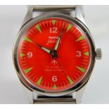 Orange faced HMT Indian military wristwatch on stainless steel strap