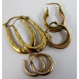 Three pairs of 9ct gold hoop earrings