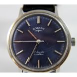 Gents blue faced Rotary Incabloc stainless steel wristwatch on leather strap