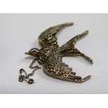 Marcasite bird brooch with safety chain, missing pin