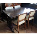 Mahogany priory drawleaf table with stretcher and four white upholstered chairs 137 x 84cm