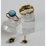 Quantity of items, two gold rings,and two yellow metal earrings