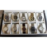 Faux leather display case containing ten wristwatches
