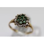 9ct gold emerald and diamond cluster ring, size L