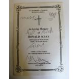 Ronnie Krays funeral programme, signed Reg Kray