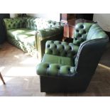 Green button back three piece suite with three seater settee, two chairs and footstool