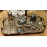 Tray of silver plated items including sugar sifter, wine corker and cigarette case