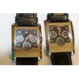 Two gents black square faced multidial fashion wristwatches on leather straps