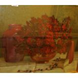 Oil painting, still life of red flowing plant, indistinctly signed, 60 x 50cm