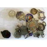 Tray of twelve silver medals and fobs including RAF sweetheart brooch