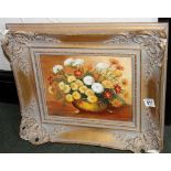 Oil on board of still life in gilded frame, A/F