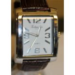 Eichmuller white square faced stainless steel wristwatch on leather strap