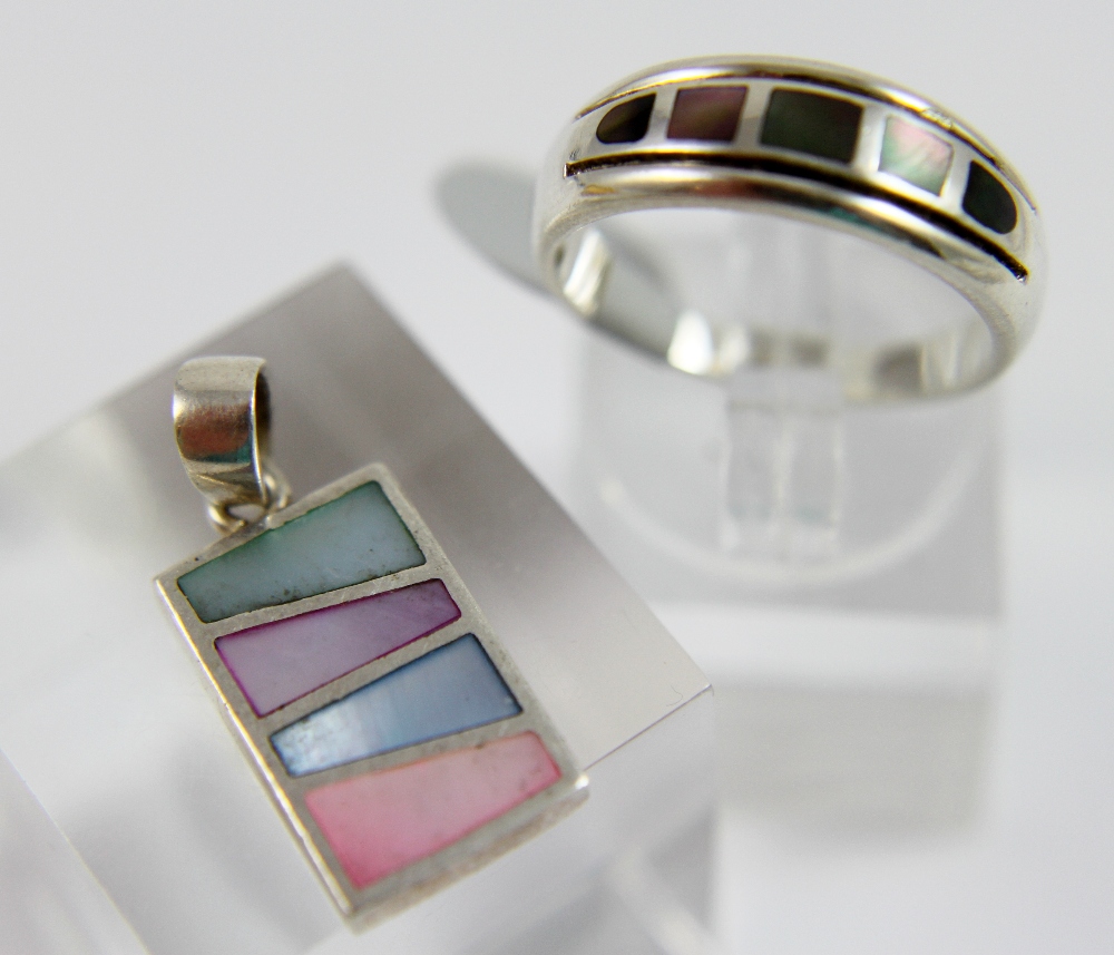 Sterling silver mother of pearl set ring and pendant