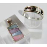 Sterling silver mother of pearl set ring and pendant