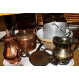 Tray of collectables including electric copper kettle, copper coffee pot scales etc