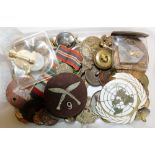 Four WWII miniatures, United Nations cap badge, Gurkha badge etc