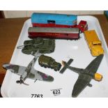 Playworn military aeroplanes and  vehicles including Dinky and Corgi