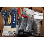 Box of mixed musical accessories, strings, guitar and violin copos bags etc