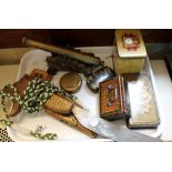 Small wooden snuff box, cigarette tin, chocolate tin and other collectables