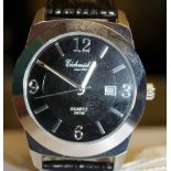 Eichmuller black faced stainless steel wristwatch on leather strap