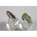 Sterling silver pink and white emerald cut stone set ring and sterling silver yellow and white stone