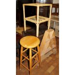 Small drop leaf table, bookcase, triangular display frame and pine stool