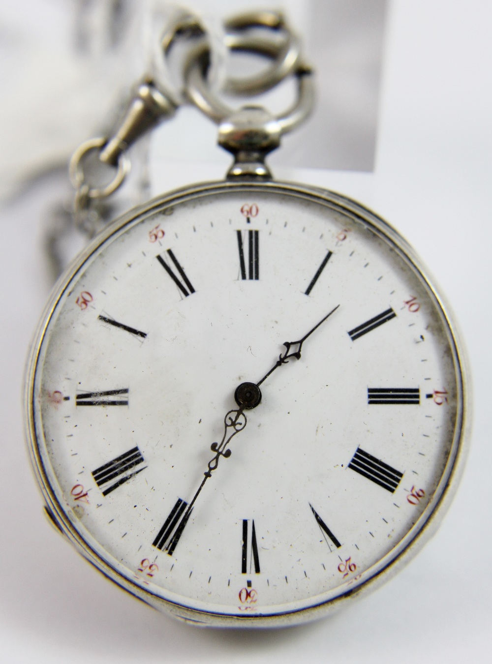 White metal French pocket watch and white metal fob chain