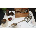 Tray of collectables including medicine spoon with funnel