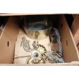 Heavy brass jam pan, brass candle holders etc