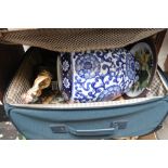 Carlton travel case with figure on marble base, blue and white vase etc