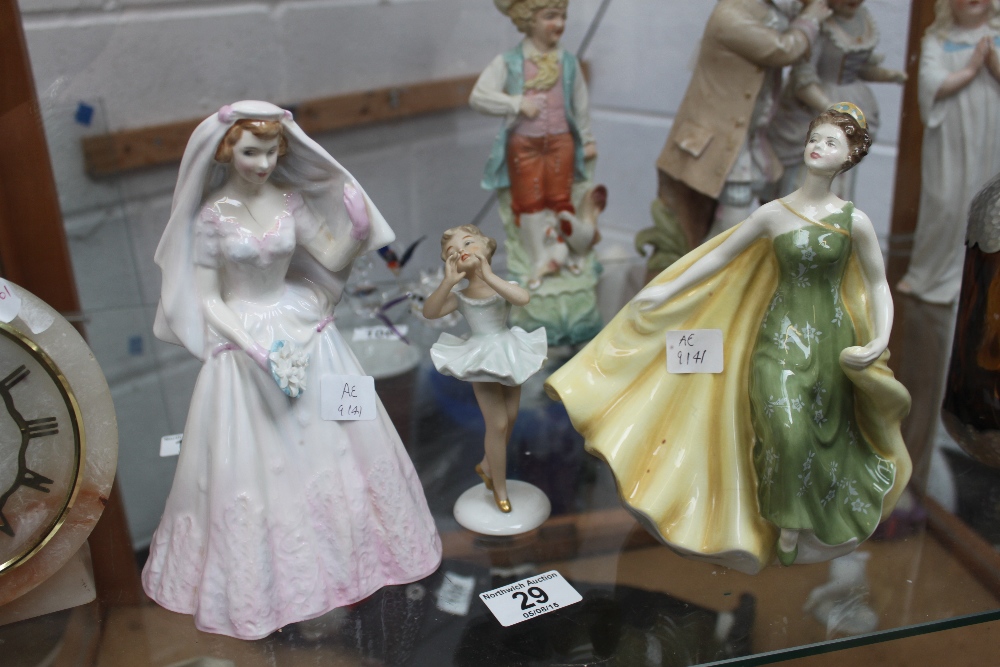 Two Royal Doulton figures The Bride, Alexandra and a German figurine