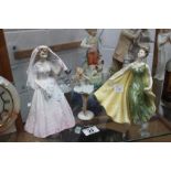 Two Royal Doulton figures The Bride, Alexandra and a German figurine