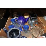 Box of mixed coloured glassware including tankards etc