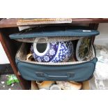 Carlton travel case with figure on marble base, blue and white vase etc