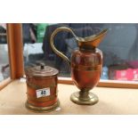 Brass and copper jug and lidded storage jar