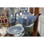 Three pieces of Wedgwood blue Jasperware including teapot A/F