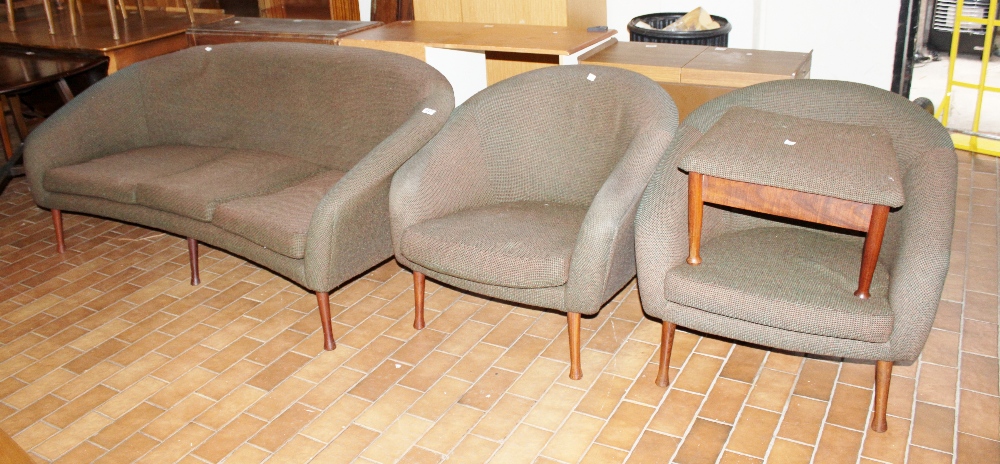 Four piece Ercol 1960s Harris Tweed upholstered suite including three seater settee, two chairs
