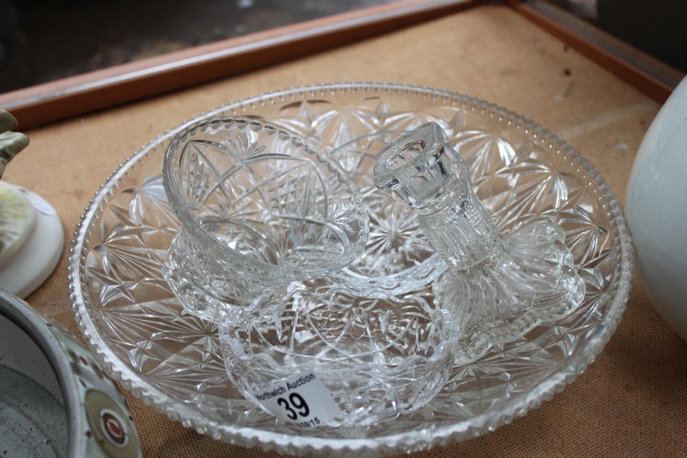 Five pieces of cut glassware including, fruit bowl, candlestick etc